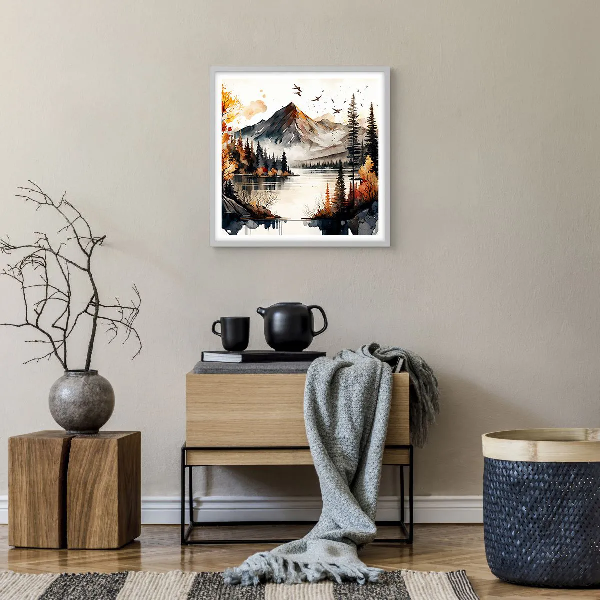 Plakat i hvid ramme - Gyldent efterår i bjergene - 50x50 cm