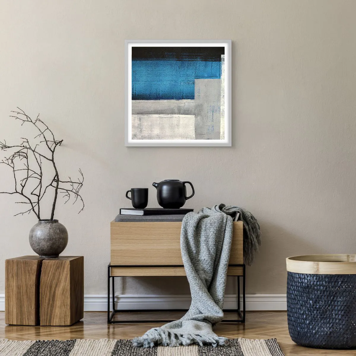 Poster in een witte lijst - Een poëtische compositie van grijs en blauw - 50x50 cm