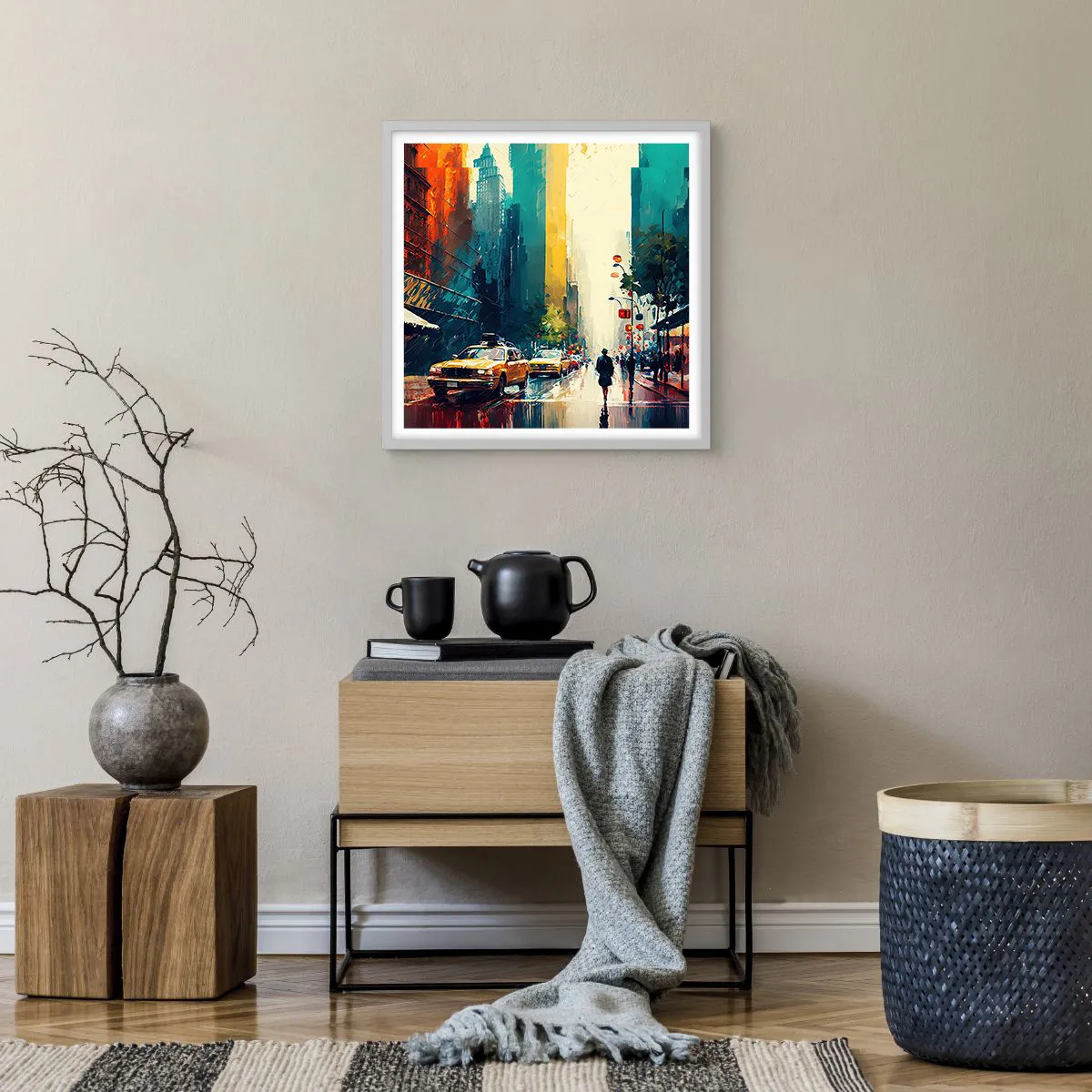 Affiche dans un cadre blanc - Poster - New York – ici même la pluie est colorée - 50x50 cm