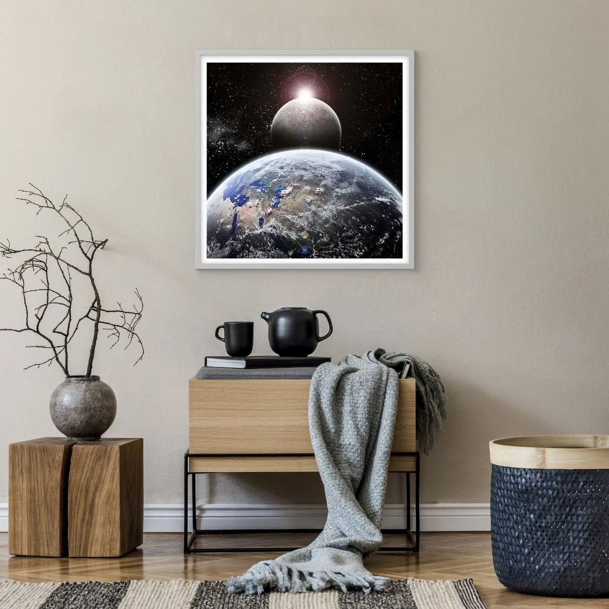 Poster in einem weißen Rahmen - Weltraumlandschaft - Sonnenaufgang - 60x60 cm