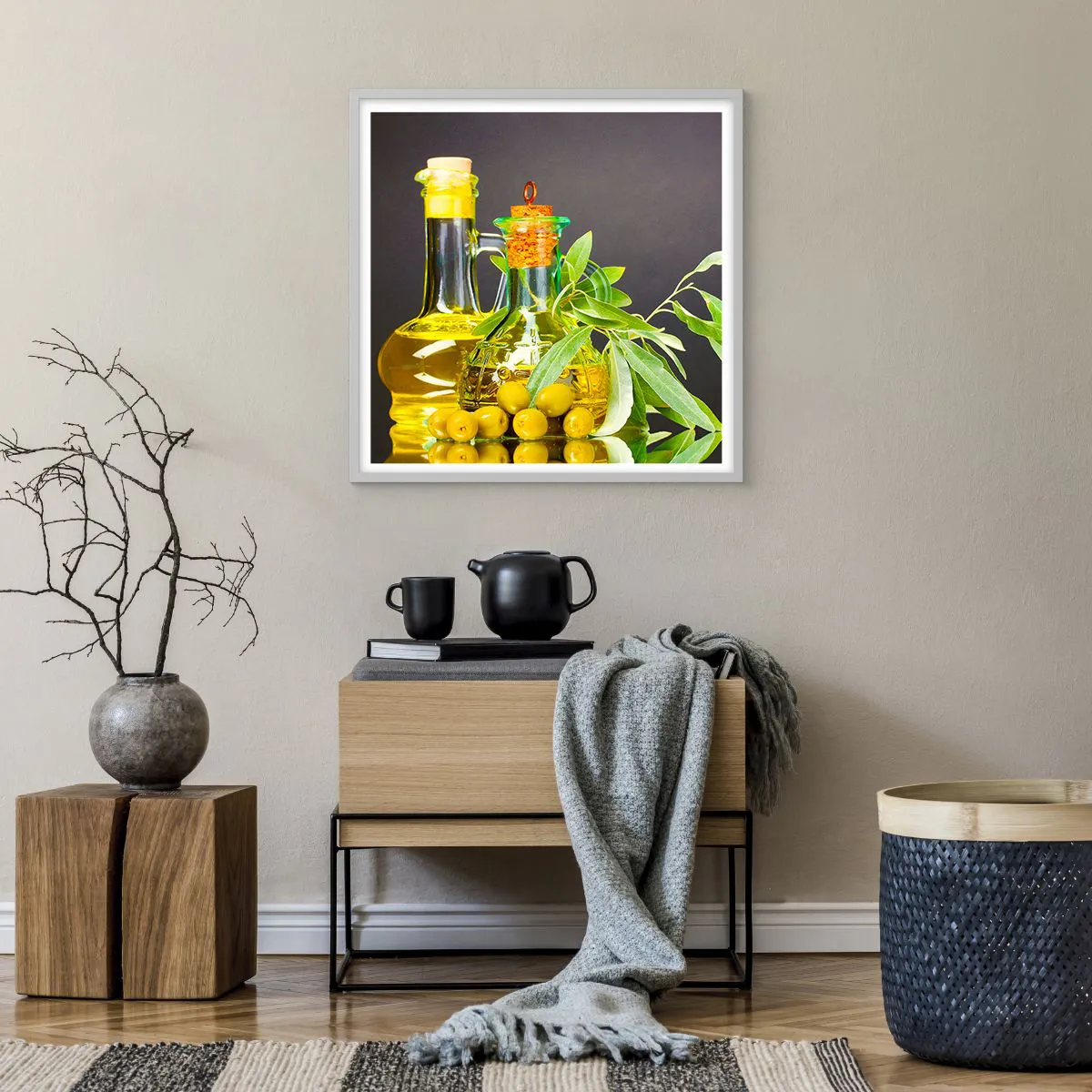 Plagát v bielom ráme - Zátišie s olivami a olejom - 60x60 cm
