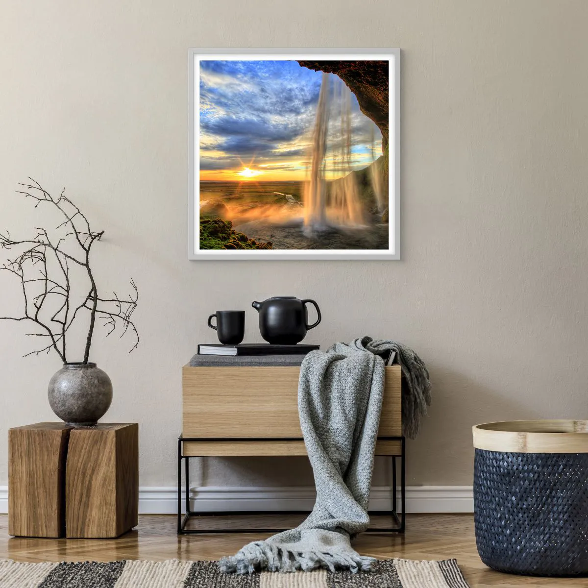 Affisch i vit ram - Världen bakom ridå av droppar - 60x60 cm