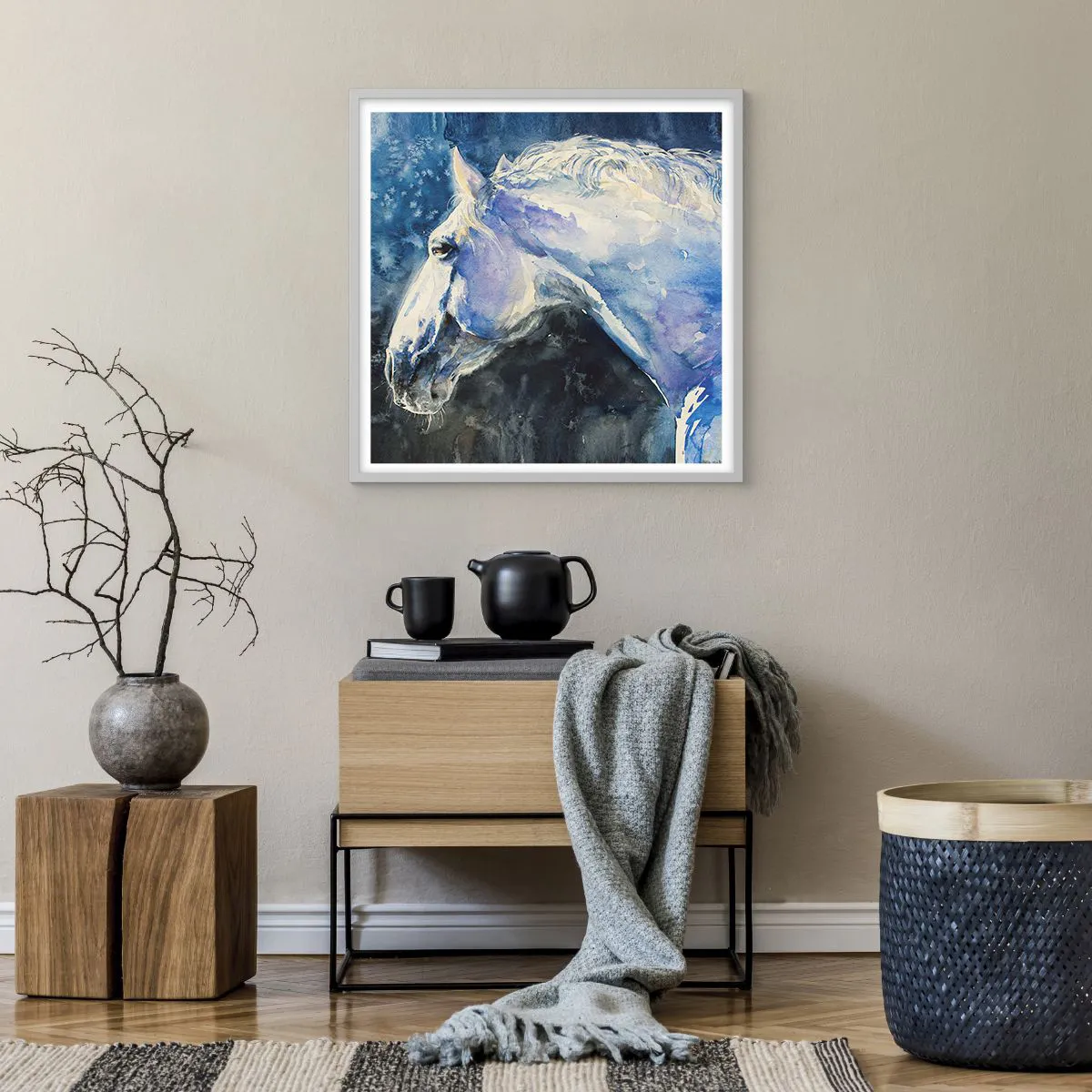 Affiche dans un cadre blanc - Poster - Portrait dans une lueur azur - 60x60 cm