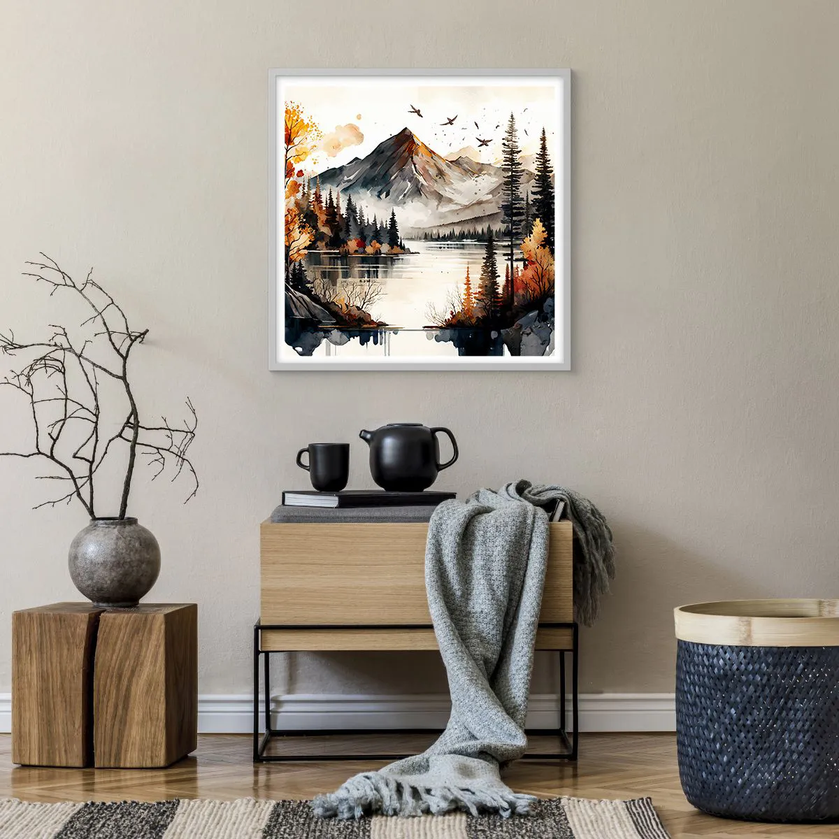 Plagát v bielom ráme - Zlatá jeseň na horách - 60x60 cm