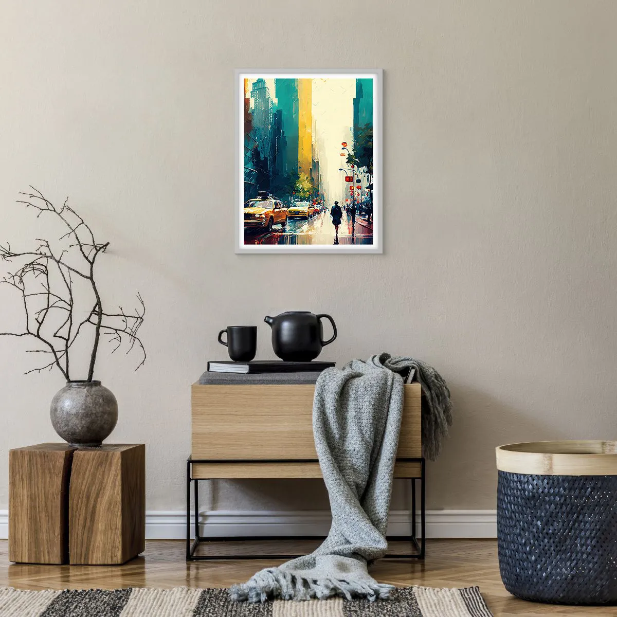 Affiche dans un cadre blanc - Poster - New York – ici même la pluie est colorée - 40x50 cm