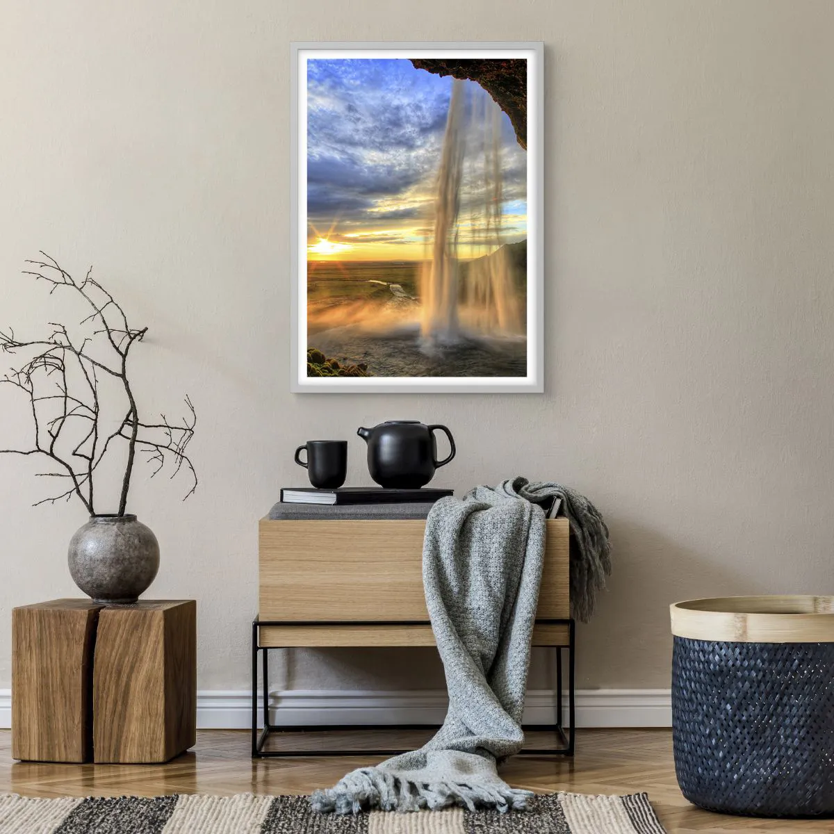 Poster in een witte lijst - De wereld achter een sluier van druppels - 50x70 cm