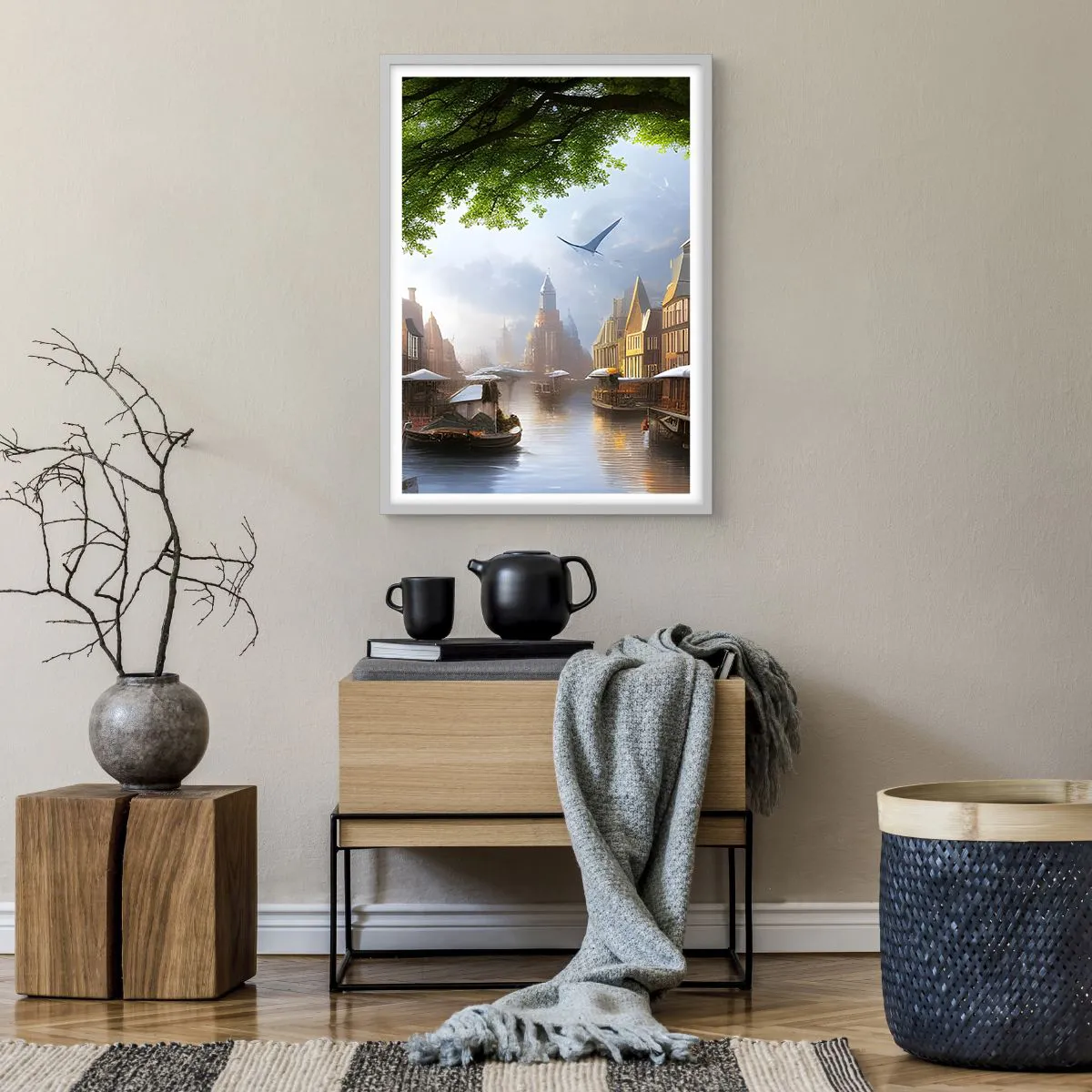 Plakat w białej ramie - Niderlandzki pejzaż miejski - 50x70 cm