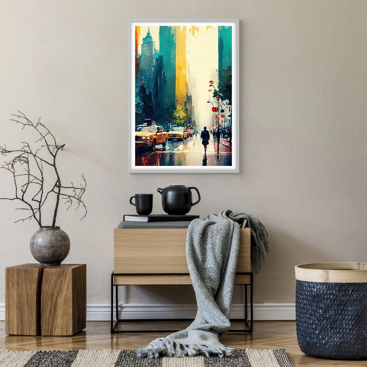 Póster en marco blanco - Nueva York - hasta la lluvia es colorida - 50x70 cm