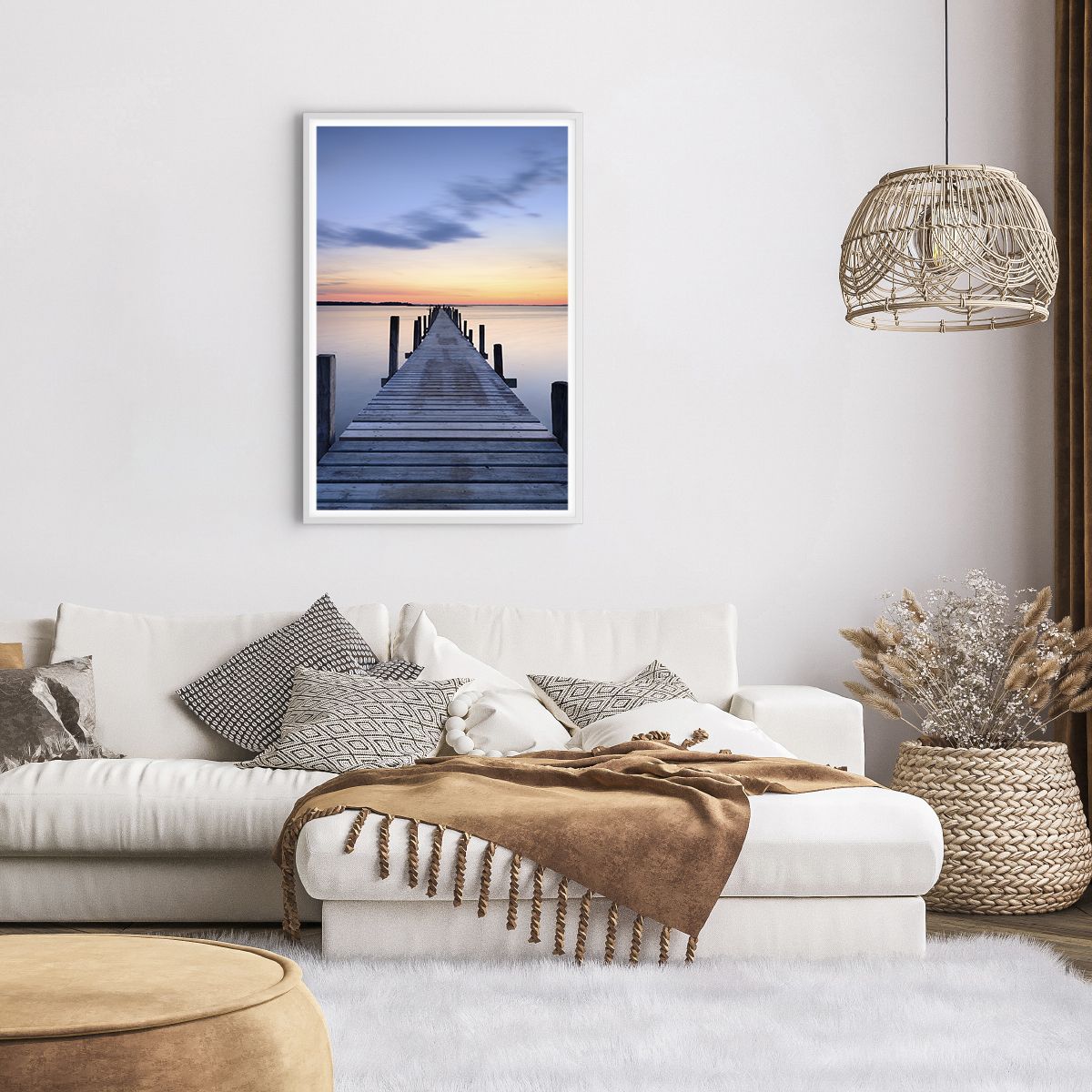 Affiche dans un cadre blanc Paysage, Affiche dans un cadre blanc Baie, Affiche dans un cadre blanc Pont De Bois, Affiche dans un cadre blanc Le Coucher Du Soleil, Affiche dans un cadre blanc Matin