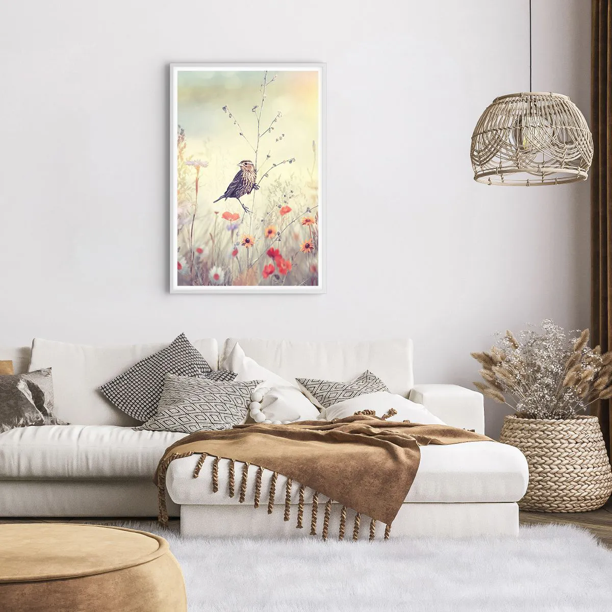 Plakat w białej ramie - Ptasi portret z łąką w tle - 61x91 cm