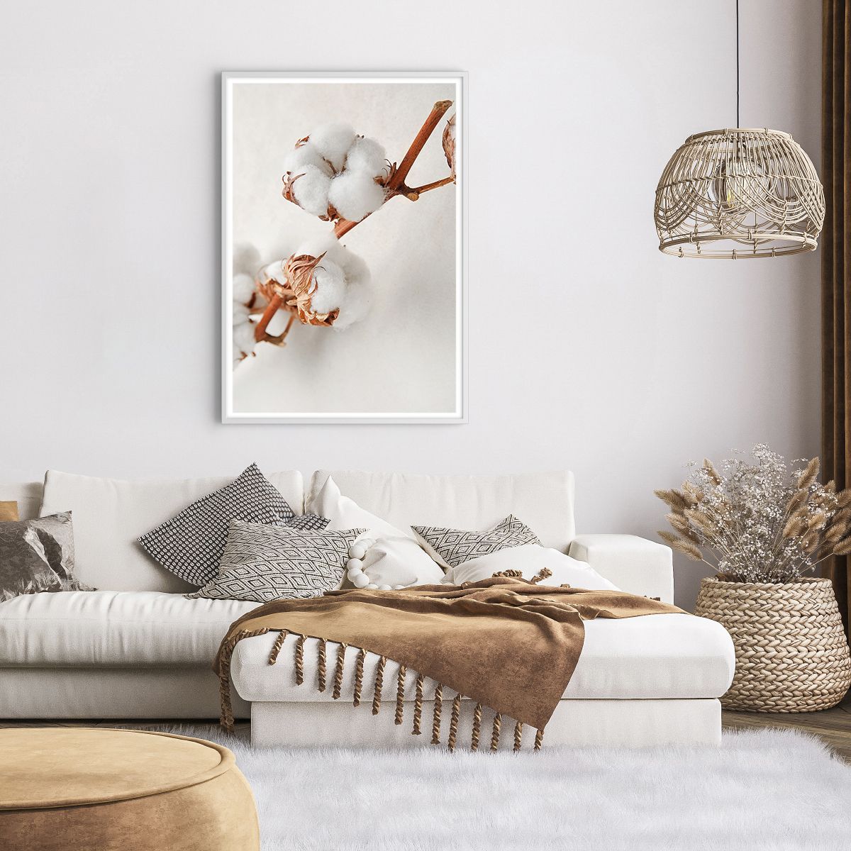 Plakat i hvid ramme Bomuldsblomst, Plakat i hvid ramme Blomst, Plakat i hvid ramme Bomuldskvist, Plakat i hvid ramme Natur, Plakat i hvid ramme Boho