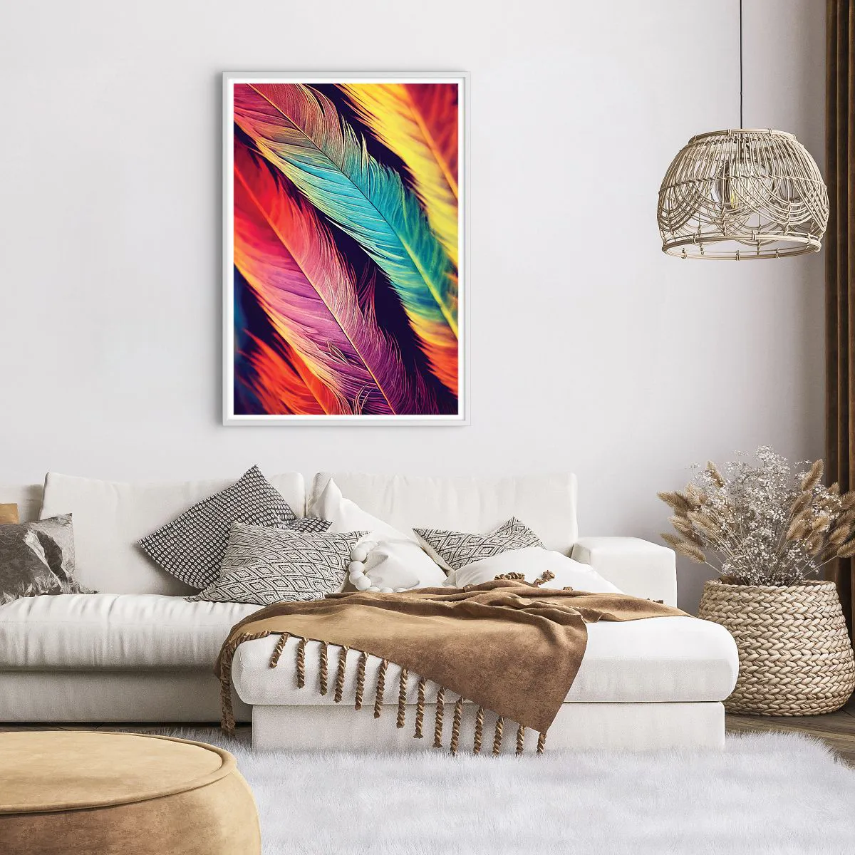 Affisch i vit ram - Fjäderlik regnbåge - 70x100 cm
