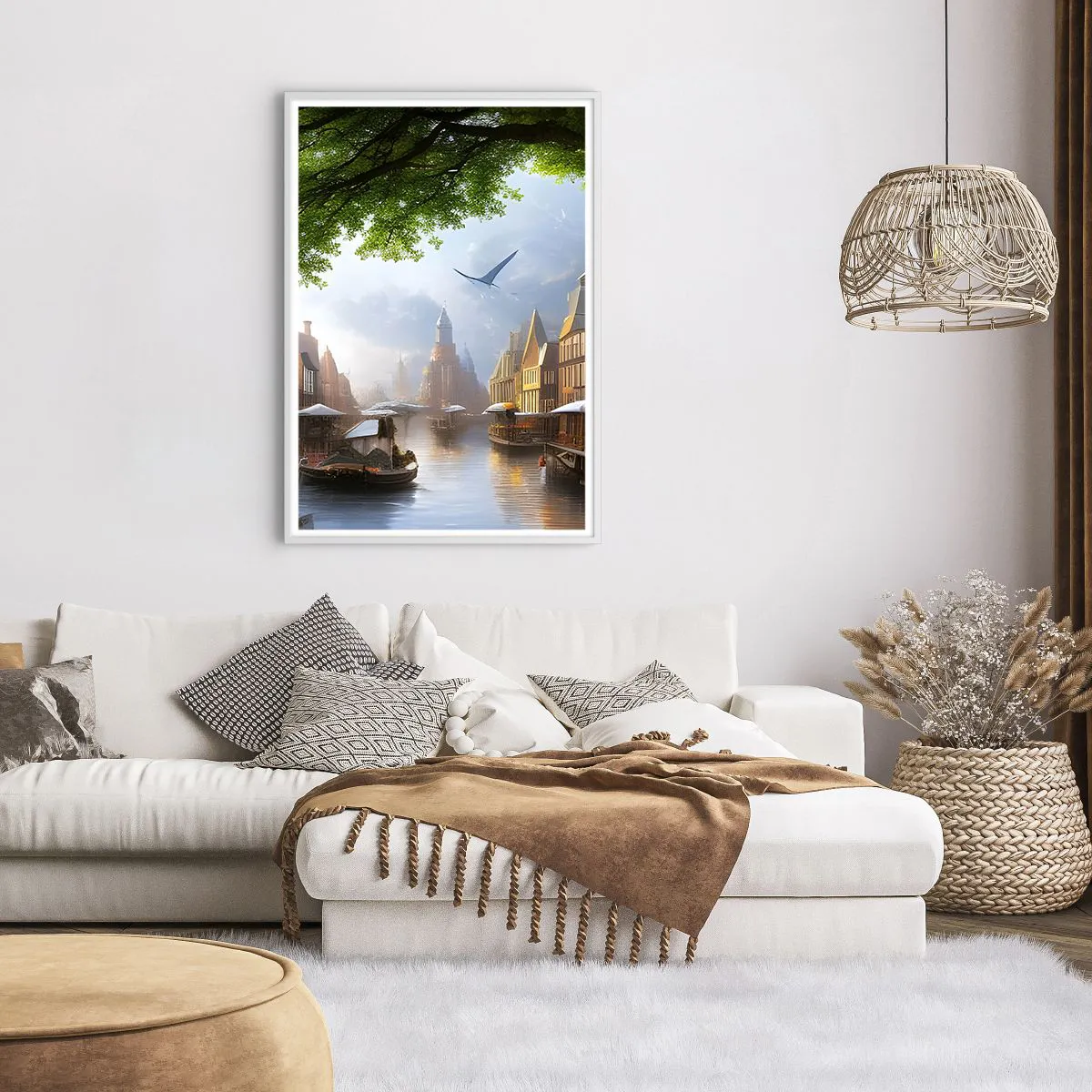 Plakat i hvid ramme - Hollandsk bybillede - 70x100 cm