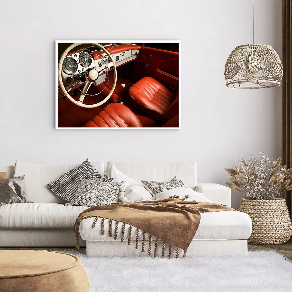 Poster - Oldtimer-Innenraum mit roten Ledersitzen - 100x70cm - Luxus im Vintagestil - Moderne Wanddekoration für Wohnzimmer und Schlafzimmer ARTTOR