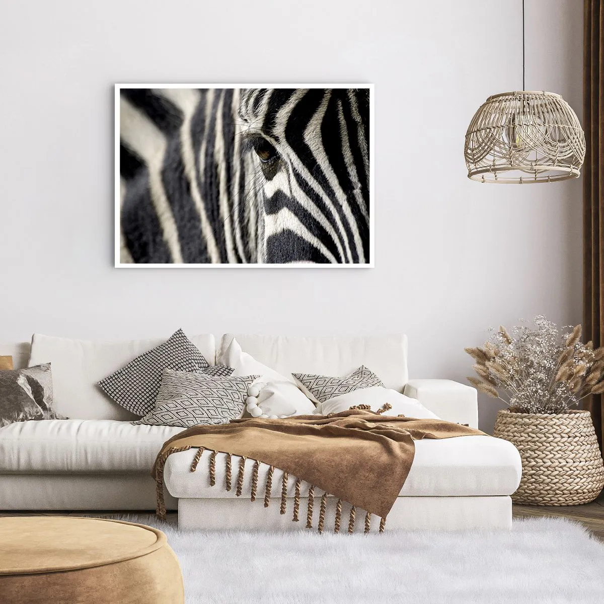 Affiche - Poster - Gros plan de l'œil d'un zèbre avec des rayures noires et blanches - 100x70cm - Portrait en rayure - Décoration murale moderne pour le salon et la chambre ARTTOR