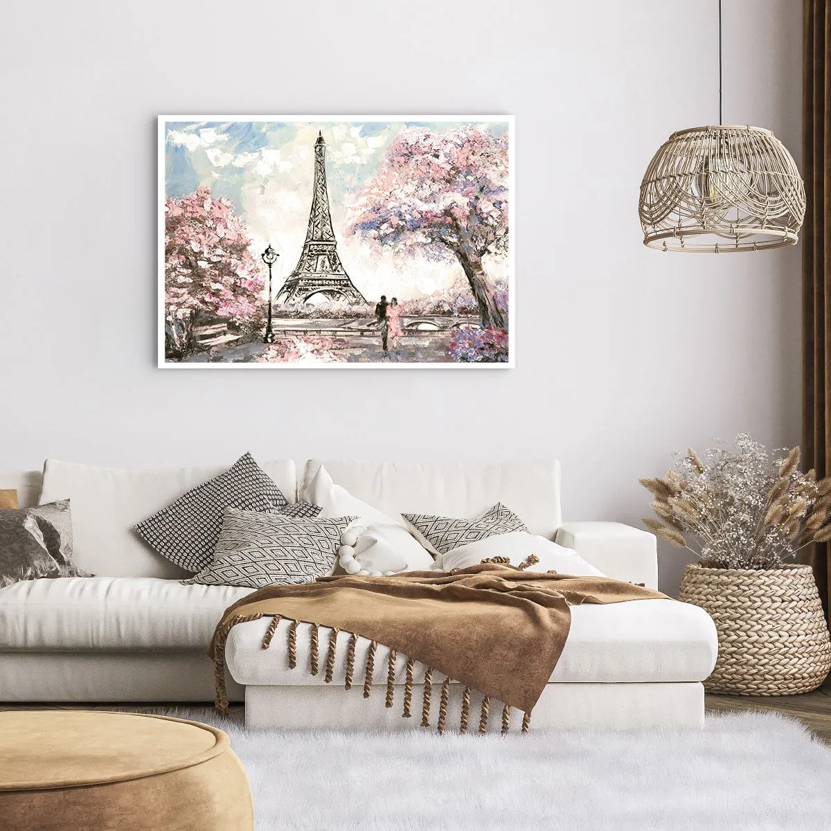Poster - Der Eiffelturm, umgeben von blühenden Bäumen - 100x70cm - Aprilspaziergang durch Paris - Moderne Wanddekoration für Wohnzimmer und Schlafzimmer ARTTOR