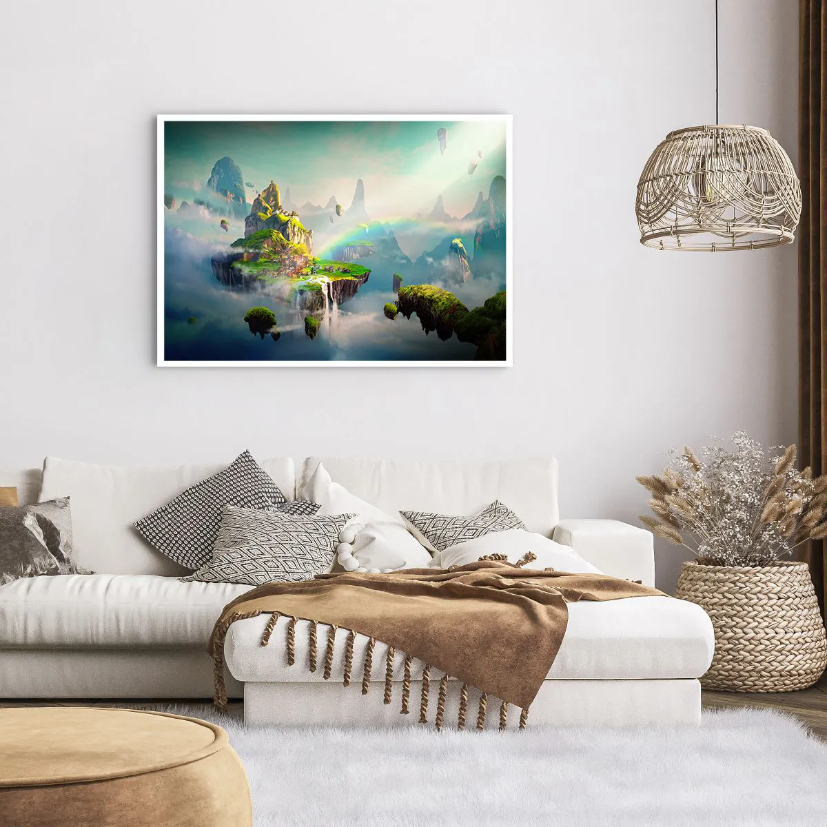 Poster - Isole volanti tra le nuvole con un arcobaleno all'orizzonte - 100x70cm - In mezzo al cielo: isole fortunate - Decorazione murale moderna per soggiorno e camera da letto ARTTOR