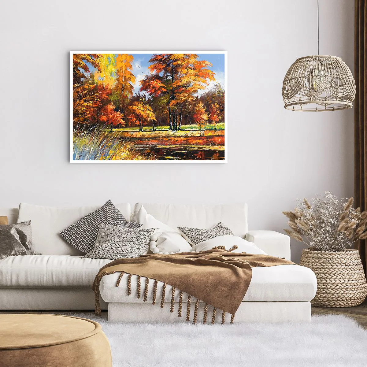 Affiche - Poster - Paysage d'automne avec des arbres colorés et un étang - 100x70cm - Paysage en or et bronze - Décoration murale moderne pour le salon et la chambre ARTTOR