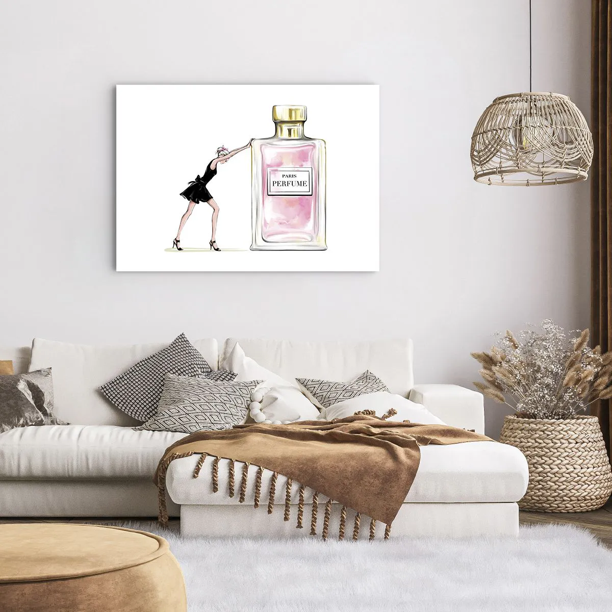 Plakat - Kobieta w czarnej sukience przy flakonie perfum - 100x70cm - Esencja kobiecości - Nowoczesna dekoracja ścienna do salonu i sypialni ARTTOR