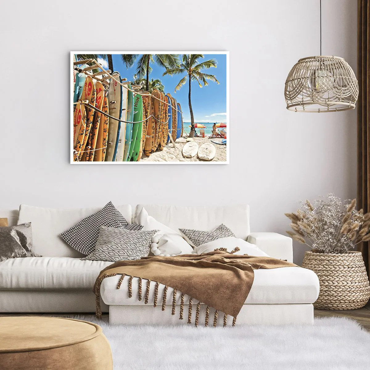 Póster - Tablas de surf en una playa con palmeras - 100x70cm - Diversión soleada - Decoración de pared moderna para salón y dormitorio ARTTOR