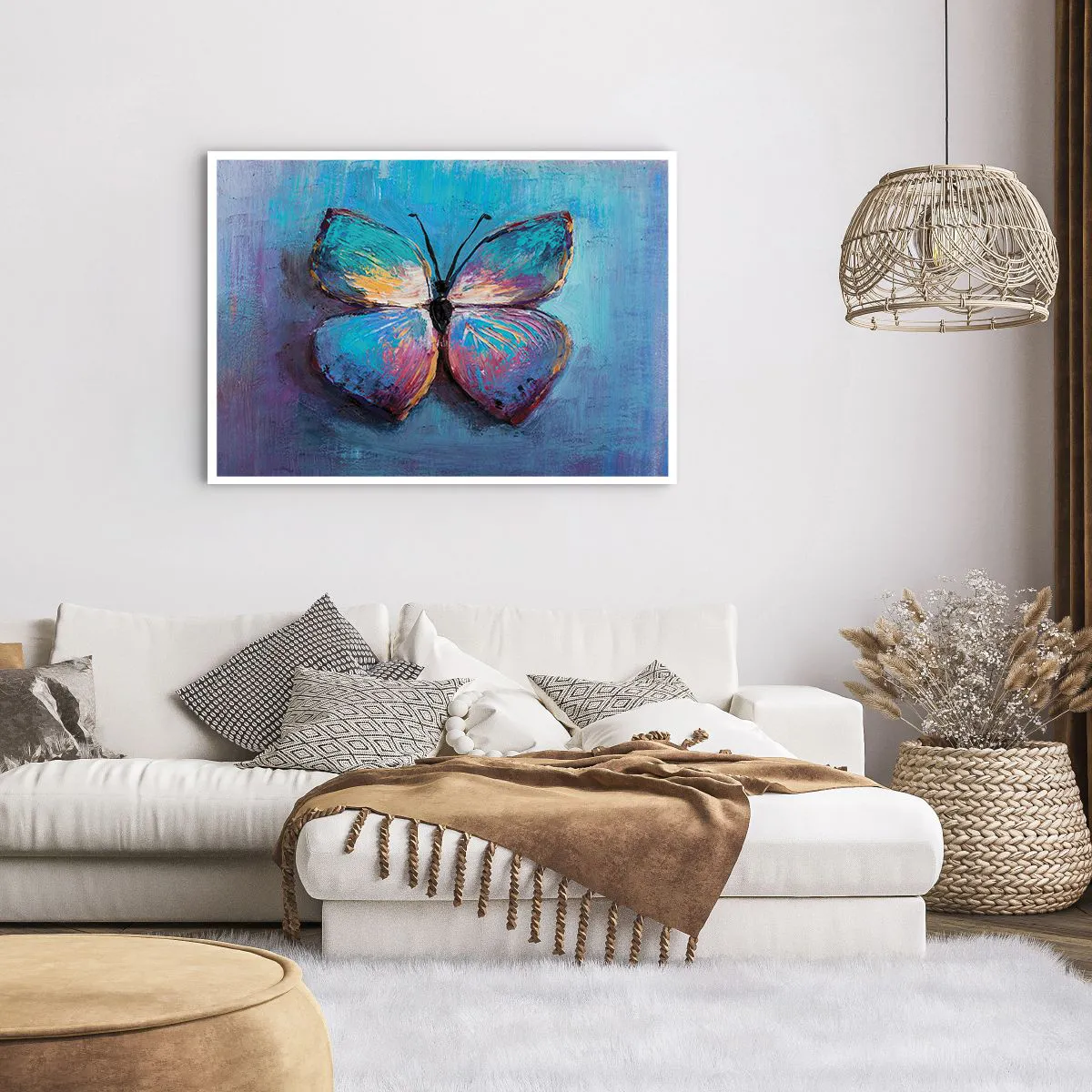 Poster - Bunter Schmetterling auf blauem Hintergrund - 100x70cm - In all seiner Pracht - Moderne Wanddekoration für Wohnzimmer und Schlafzimmer ARTTOR