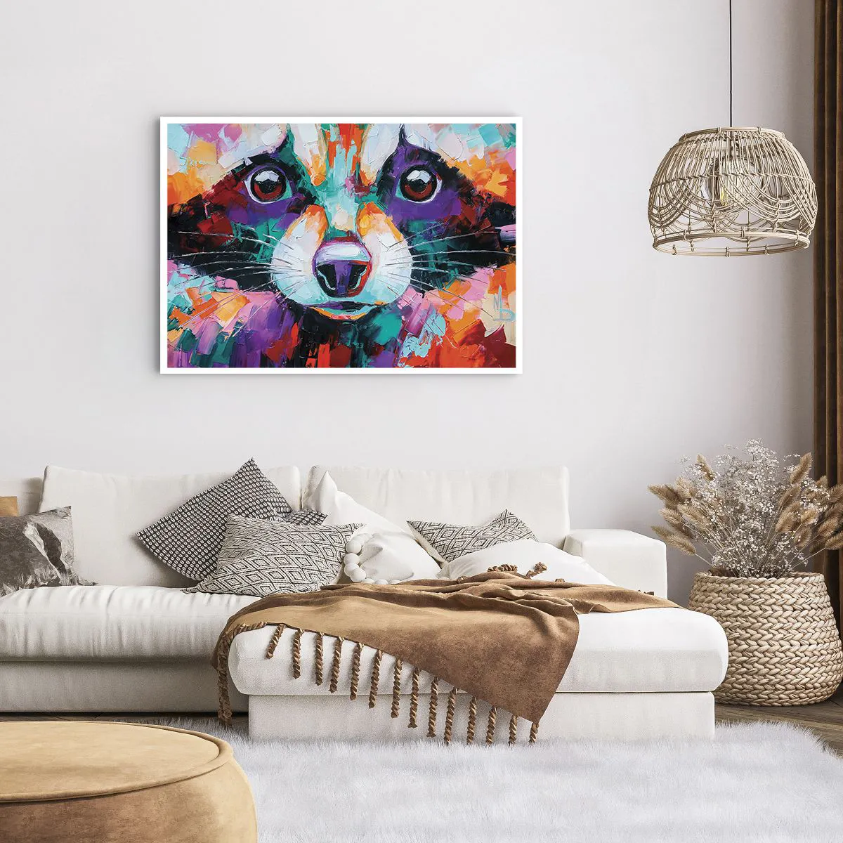 Poster - Ein farbenfrohes Porträt eines Waschbären im Stil der expressiven Malerei. - 100x70cm - Nur gute Emotionen - Moderne Wanddekoration für Wohnzimmer und Schlafzimmer ARTTOR