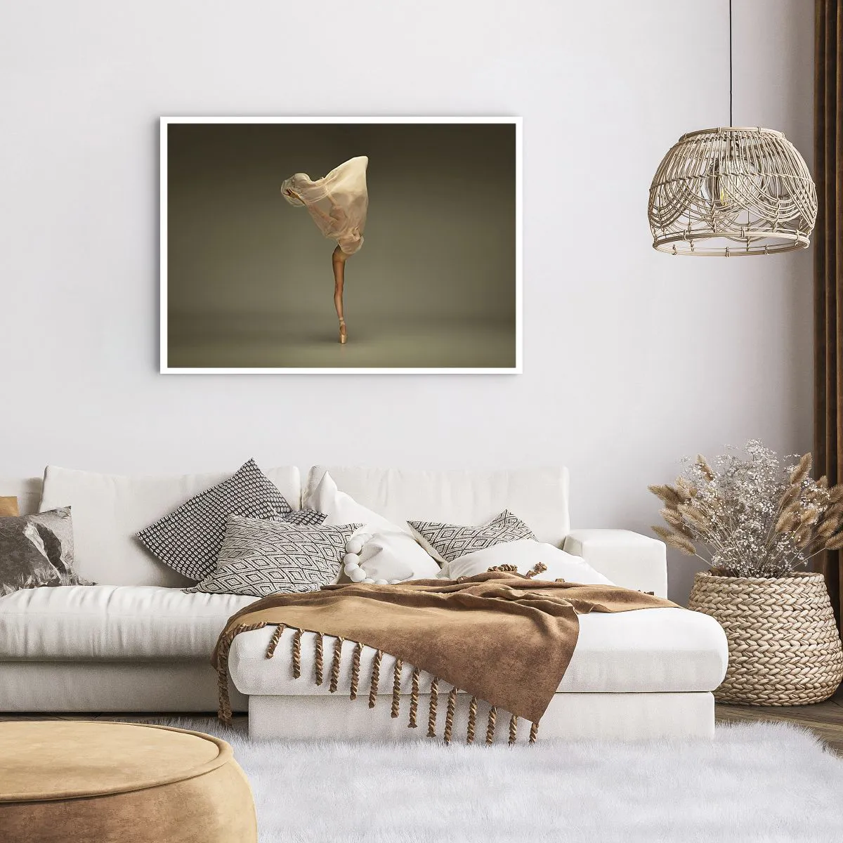 Poster - Eine Tänzerin schwebt mit Stoff in der Luft - 100x70cm - Es wird bald auffliegen - Moderne Wanddekoration für Wohnzimmer und Schlafzimmer ARTTOR