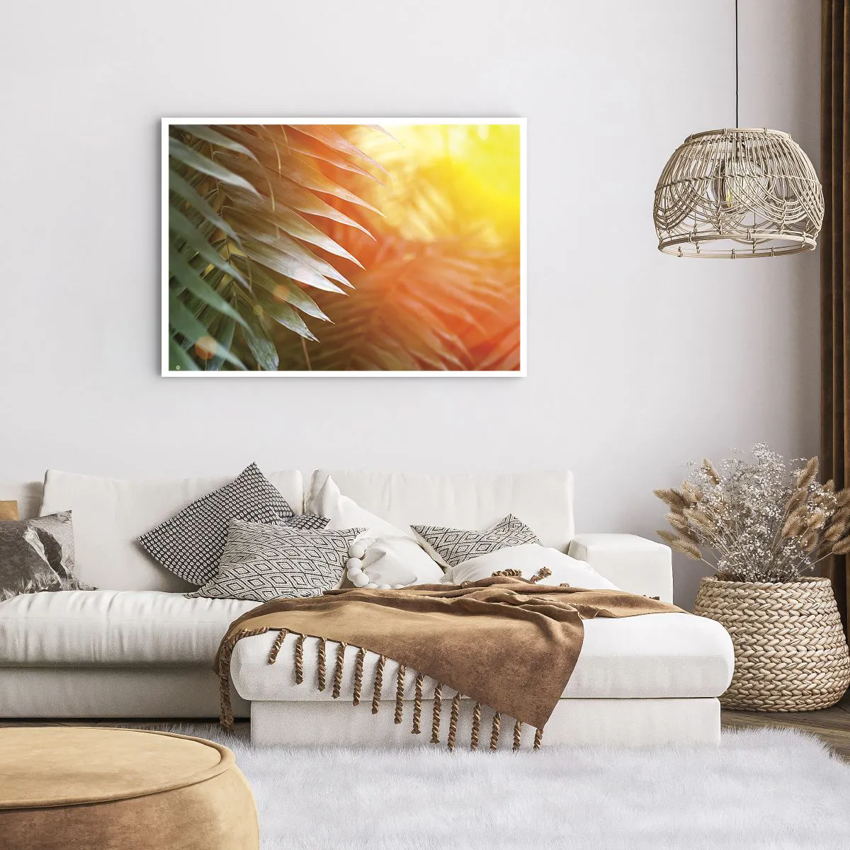 Poster - Palmblätter in den Strahlen des Sonnenuntergangs - 100x70cm - Morgen im Dschungel - Moderne Wanddekoration für Wohnzimmer und Schlafzimmer ARTTOR