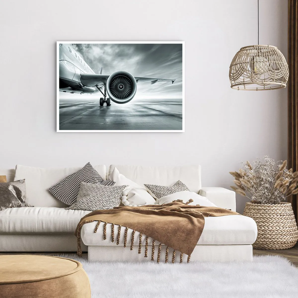 Plakat - Silnik odrzutowy samolotu na płycie lotniska - 100x70cm - Jest moc! - Nowoczesna dekoracja ścienna do salonu i sypialni ARTTOR
