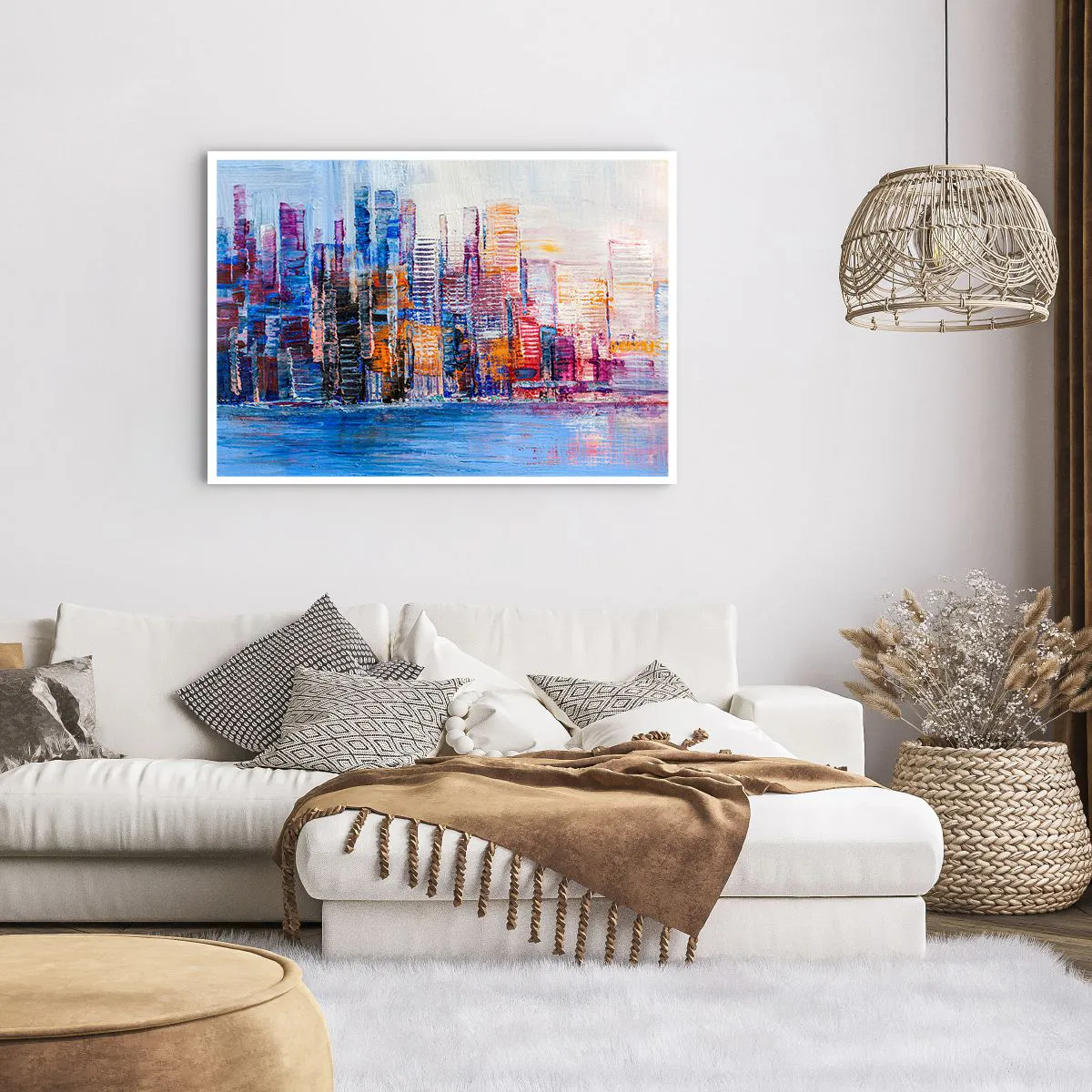 Poster - Ein farbenfrohes Panorama der Stadt mit Spiegelungen auf dem Wasser - 100x70cm - Fröhliche Metropole - Moderne Wanddekoration für Wohnzimmer und Schlafzimmer ARTTOR