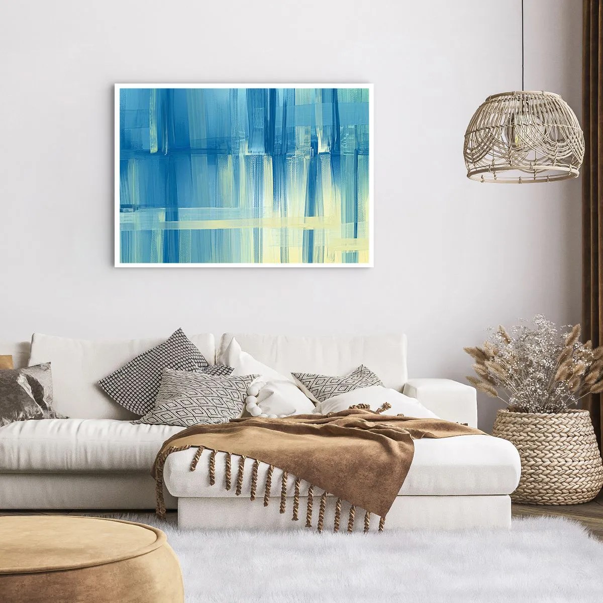 Poster - Ein abstraktes Gemälde in Türkis- und Blautönen mit geometrischen Pinselstrichen. - 100x70cm - Komposition in Türkis - Moderne Wanddekoration für Wohnzimmer und Schlafzimmer ARTTOR