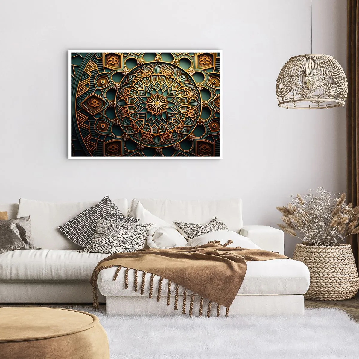 Poster - Ein goldenes Mandala auf türkisfarbenem Hintergrund mit vielen Details. - 100x70cm - In arabischer Atmosphäre - Moderne Wanddekoration für Wohnzimmer und Schlafzimmer ARTTOR