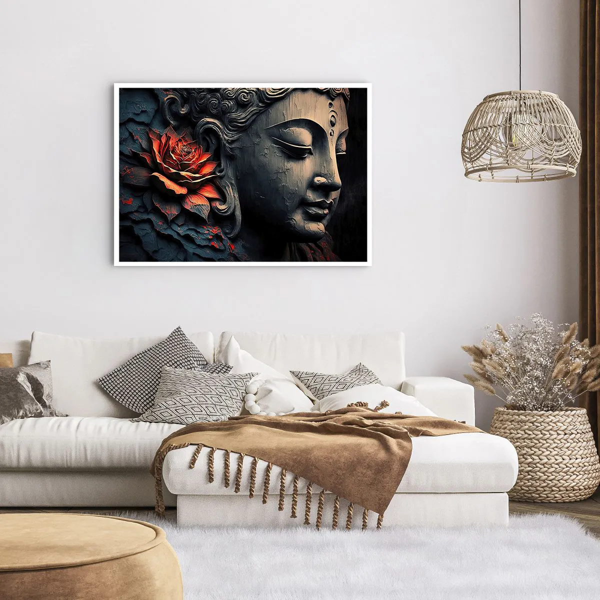 Póster - Escultura de Buda con una flor de loto roja. - 100x70cm - En sintonía con el mundo - Decoración de pared moderna para salón y dormitorio ARTTOR