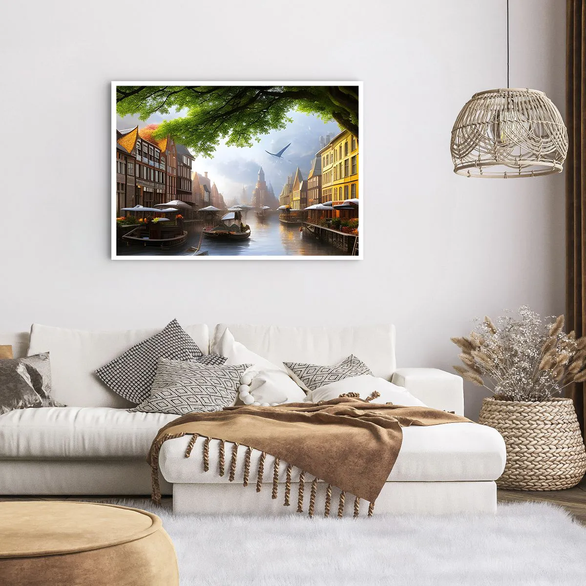 Plakat - Malowniczy niderlandzki pejzaż z kanałem i kamienicami - 100x70cm - Niderlandzki pejzaż miejski - Nowoczesna dekoracja ścienna do salonu i sypialni ARTTOR