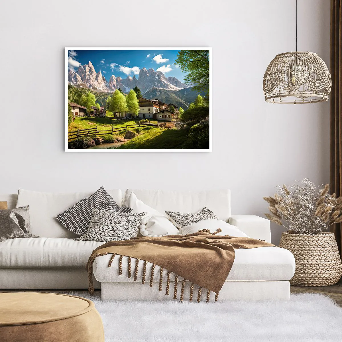 Affiche - Poster - Un village de montagne avec des maisons et une vue sur les Alpes - 100x70cm - Idylle alpine - Décoration murale moderne pour le salon et la chambre ARTTOR