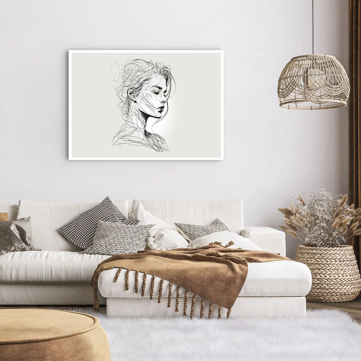 Affiche - Poster - Un portrait délicat d'une femme dans un style graphique minimaliste. - 100x70cm - Portrait en pensée - Décoration murale moderne pour le salon et la chambre ARTTOR