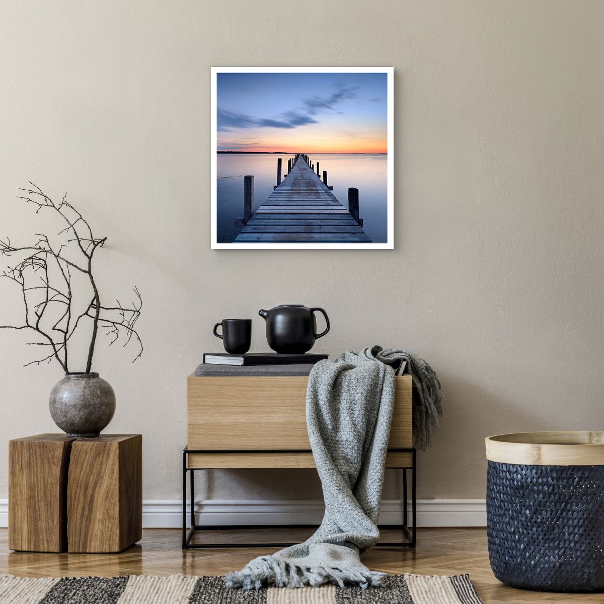 Poster ohne Rahmen Landschaft, Poster ohne Rahmen Bucht, Poster ohne Rahmen Holzbrücke, Poster ohne Rahmen Der Sonnenuntergang, Poster ohne Rahmen Morgen