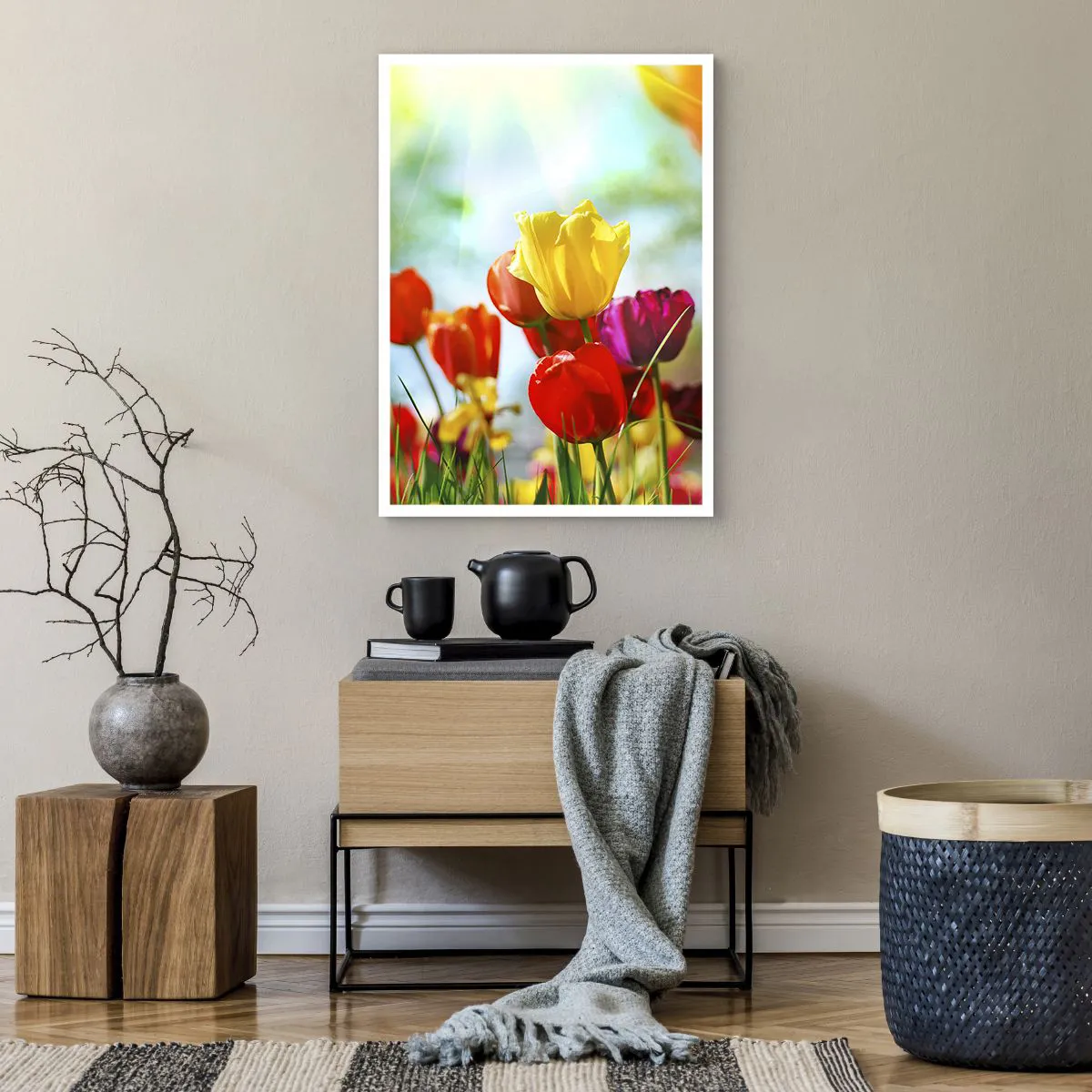 Plakat - Kolorowe tulipany w promieniach słońca - 50x70cm - Wszystkie barwy słońca - Nowoczesna dekoracja ścienna do salonu, kuchni i sypialni ARTTOR