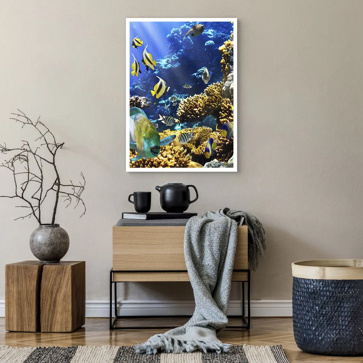 Affiche - Poster - Un monde sous-marin avec des poissons colorés et un récif de corail - 50x70cm - Beaucoup de circulation sur la route des vacances - Décoration murale moderne pour le salon et la chambre ARTTOR