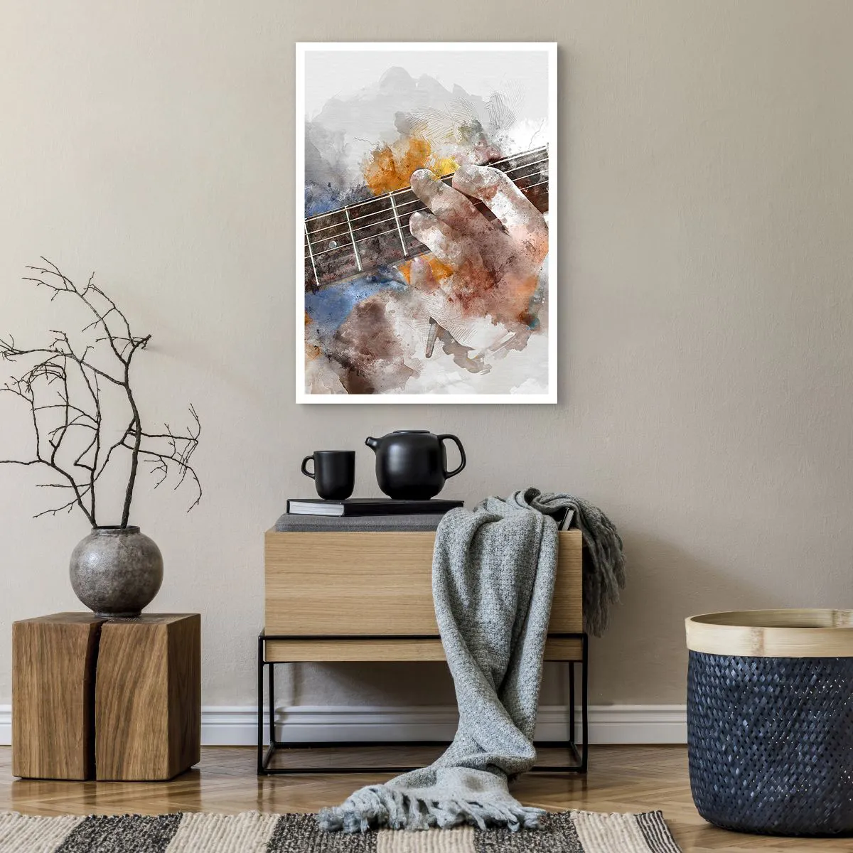 Poster - Mano artistica che suona la chitarra in stile acquerello - 50x70cm - Poesia tra le corde - Decorazione murale moderna per soggiorno e camera da letto ARTTOR