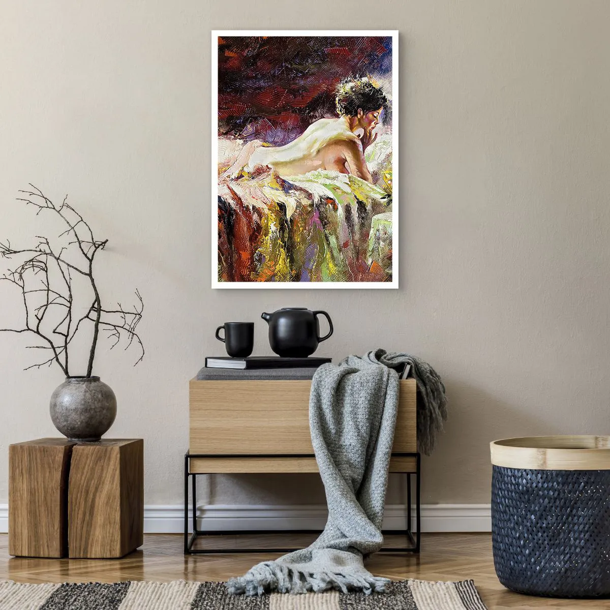 Poster - Künstlerischer Akt einer Frau in farbenfroher Umgebung - 50x70cm - Venus in Gedanken - Moderne Wanddekoration für Wohnzimmer und Schlafzimmer ARTTOR