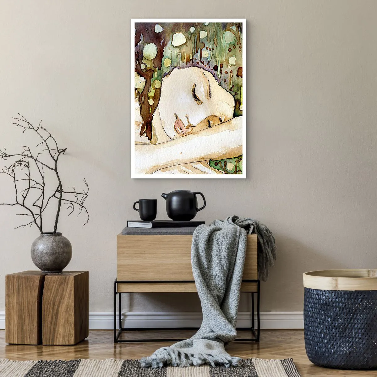 Poster - Künstlerisches Aquarellporträt einer schlafenden Frau - 50x70cm - Ein smaragd-violetter Traum - Moderne Wanddekoration für Wohnzimmer und Schlafzimmer ARTTOR