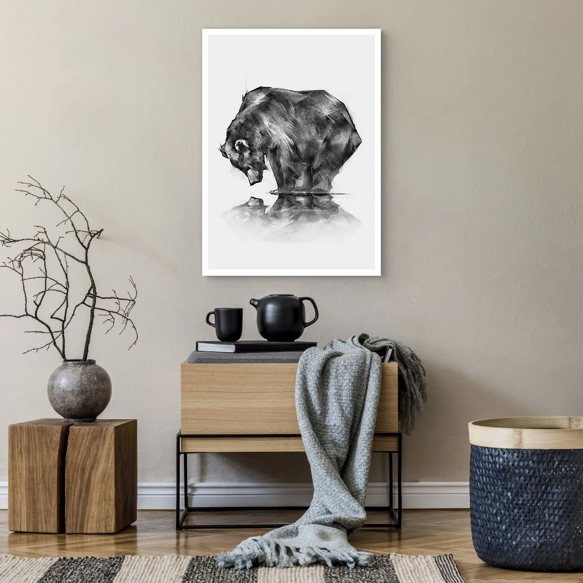 Affiche - Poster - Image géométrique d'un ours au bord de l'eau - 50x70cm - Ravi de rencontrer quelqu'un de proche - Décoration murale moderne pour le salon et la chambre ARTTOR