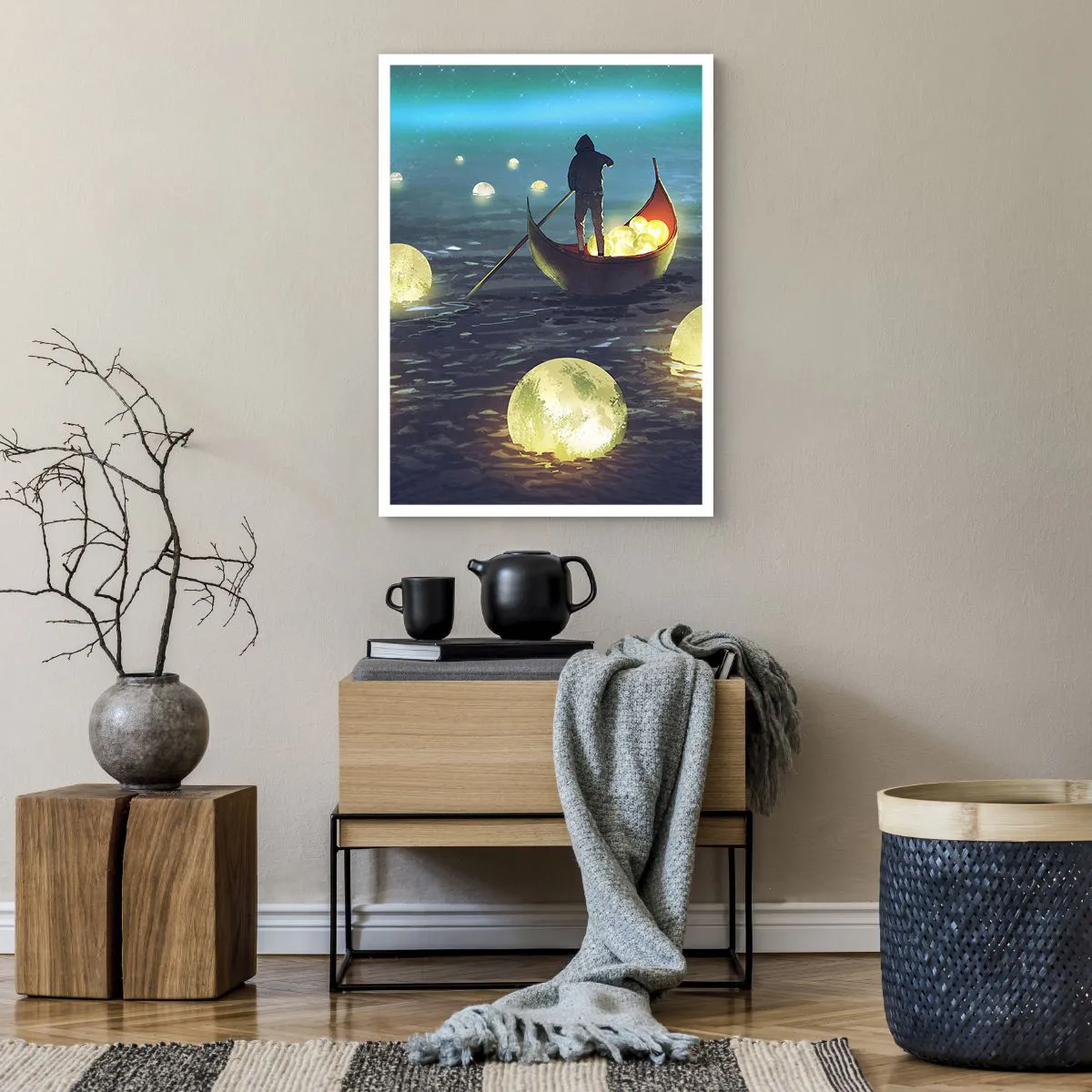 Affiche - Poster - Une silhouette sur un bateau entourée de boules lumineuses sur l'eau - 50x70cm - Des choses dont les philosophes n'ont jamais rêvé - Décoration murale moderne pour le salon et la chambre ARTTOR