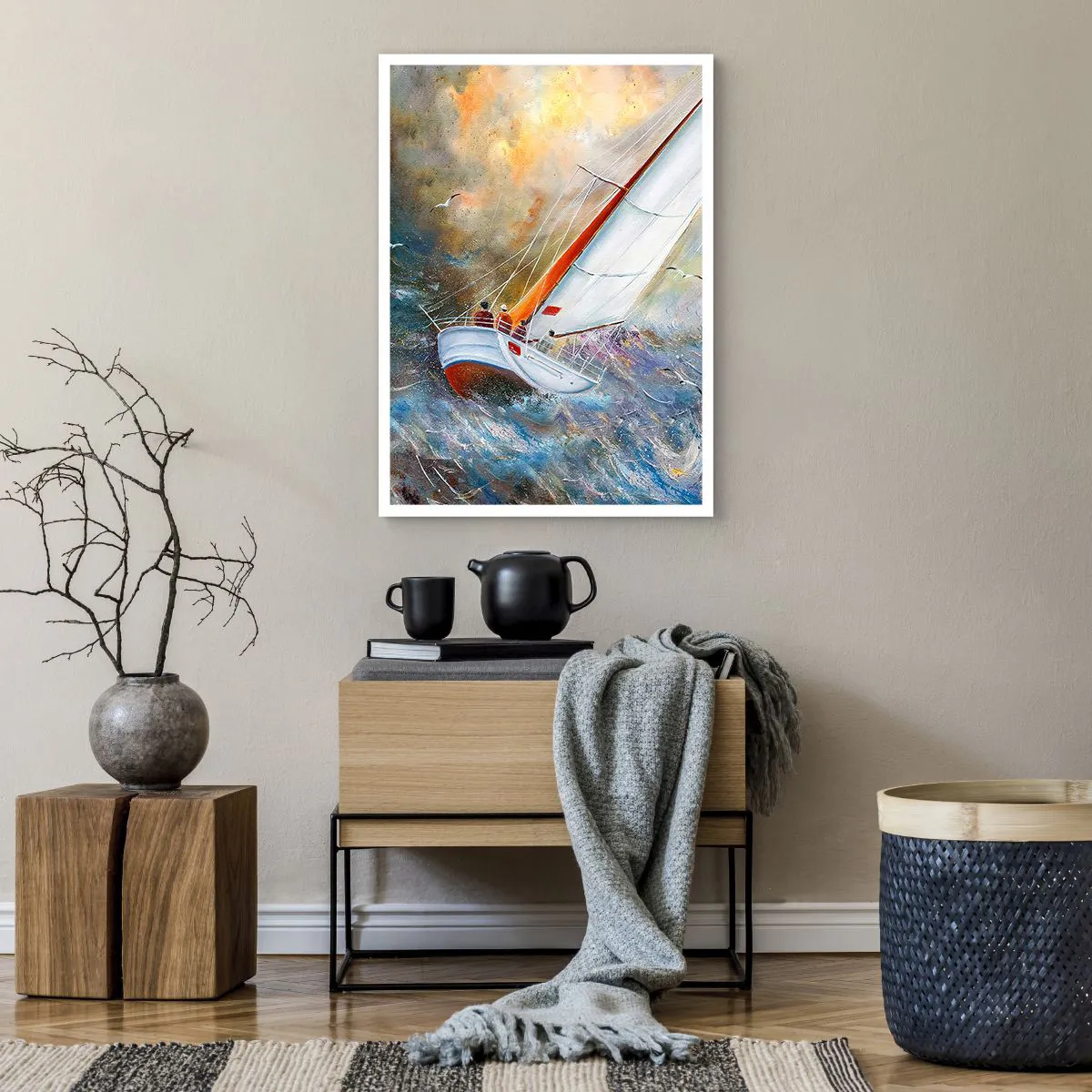 Póster - Un yate navegando en un mar tempestuoso en un paisaje pintoresco. - 50x70cm - Surcando las olas - Decoración de pared moderna para salón y dormitorio ARTTOR