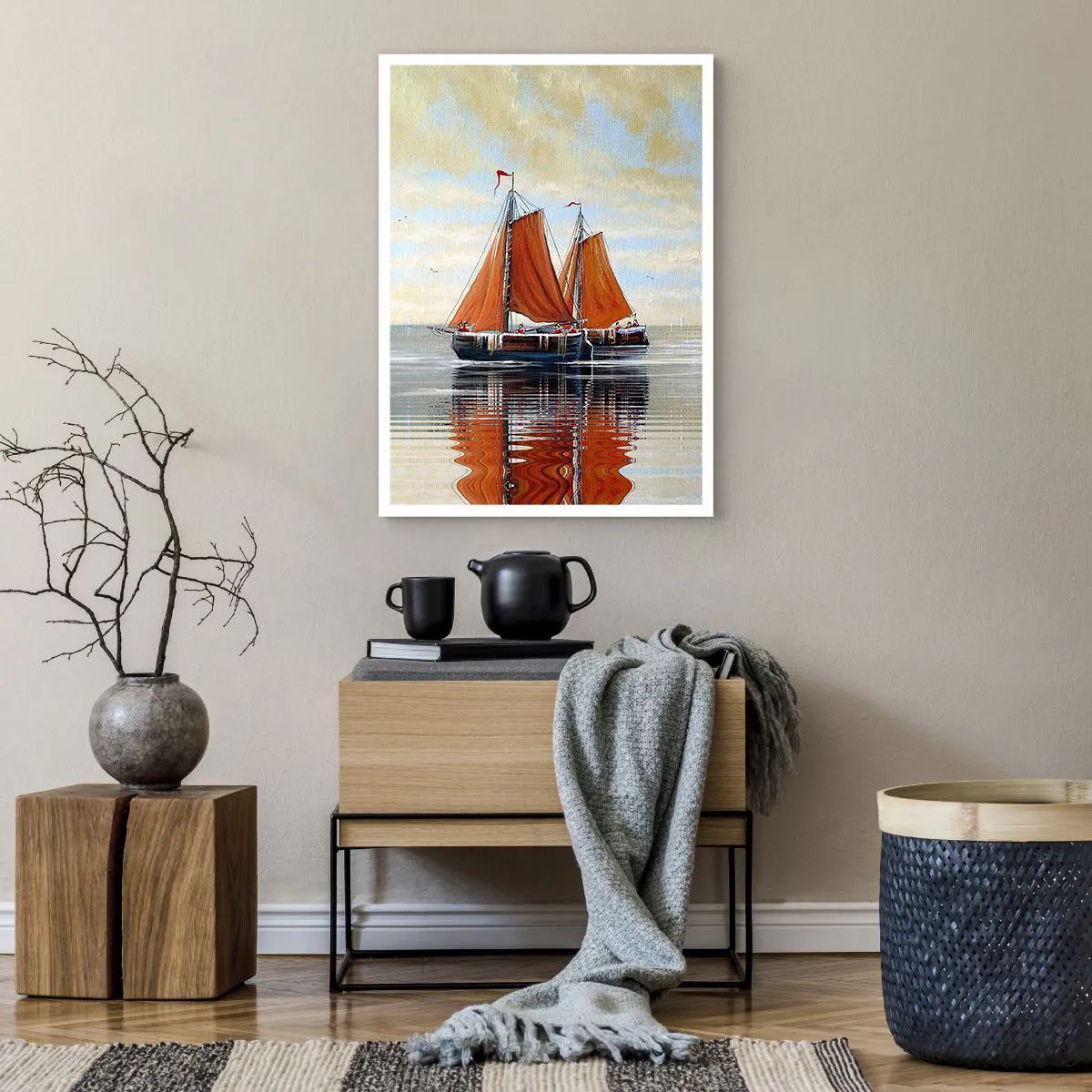 Poster - Segelboote auf ruhigem Wasser mit roten Segeln - 50x70cm - Hey, Segel, Matrose ... - Moderne Wanddekoration für Wohnzimmer und Schlafzimmer ARTTOR