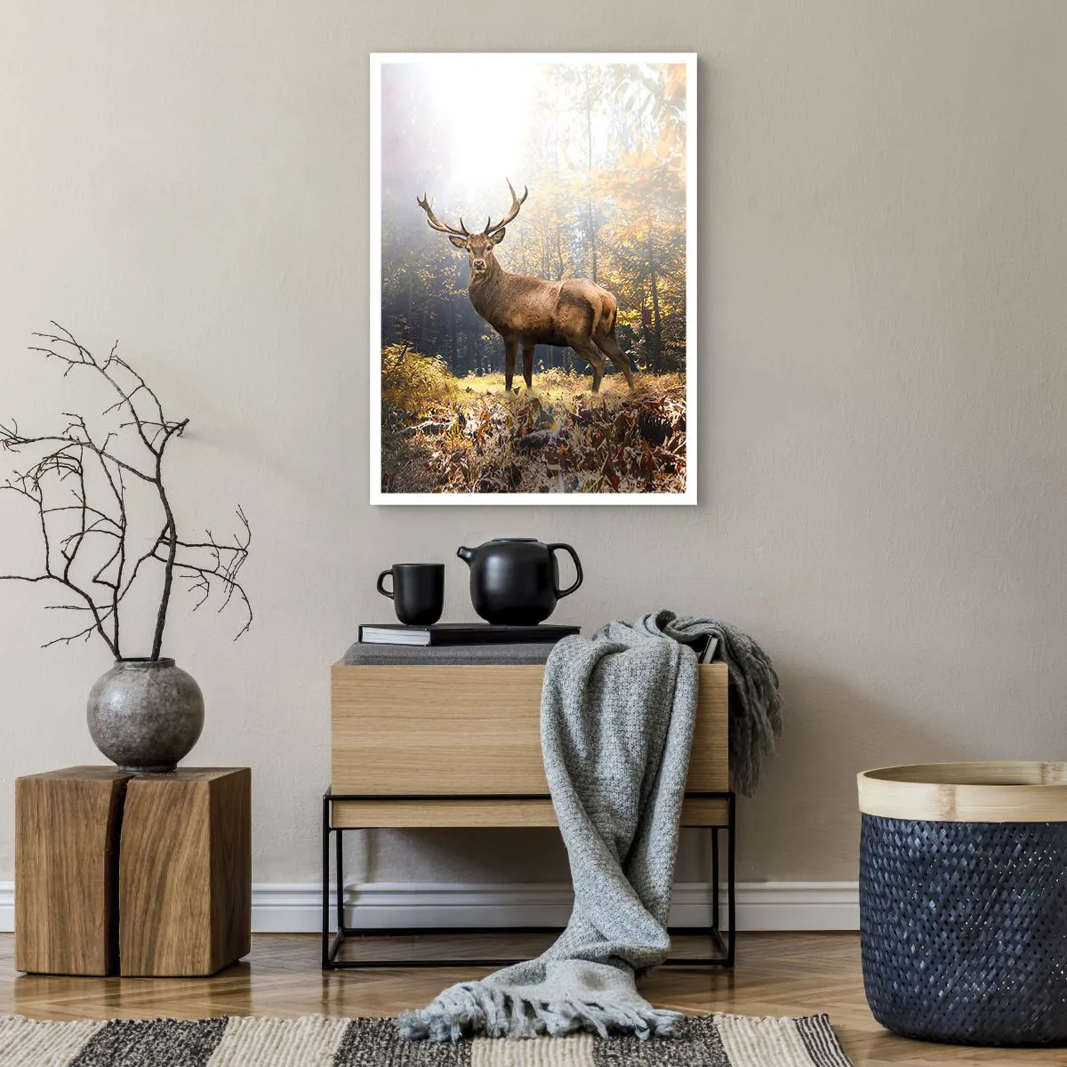 Affiche - Poster - Un cerf dans une forêt éclairée par la lumière du soleil - 50x70cm - Toute sa majesté - Décoration murale moderne pour le salon et la chambre ARTTOR