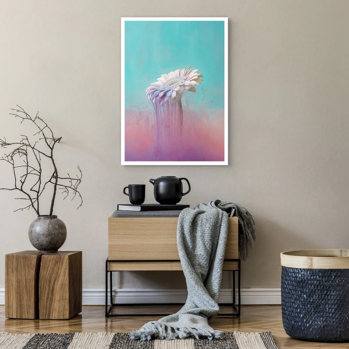 Affiche - Poster - Gerbera blanc avec des stries colorées sur fond pastel - 50x70cm - Le monde souterrain des fleurs - Décoration murale moderne pour le salon et la chambre ARTTOR