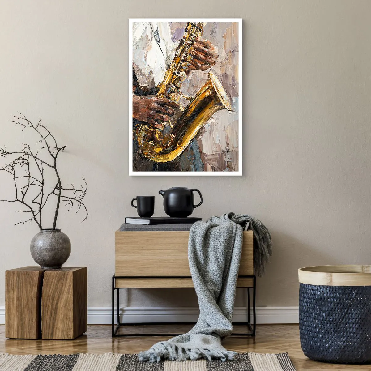 Plakat - Grający saksofonista w artystycznym stylu malarskim - 50x70cm - Czas na solo - Nowoczesna dekoracja ścienna do salonu, kuchni i sypialni ARTTOR
