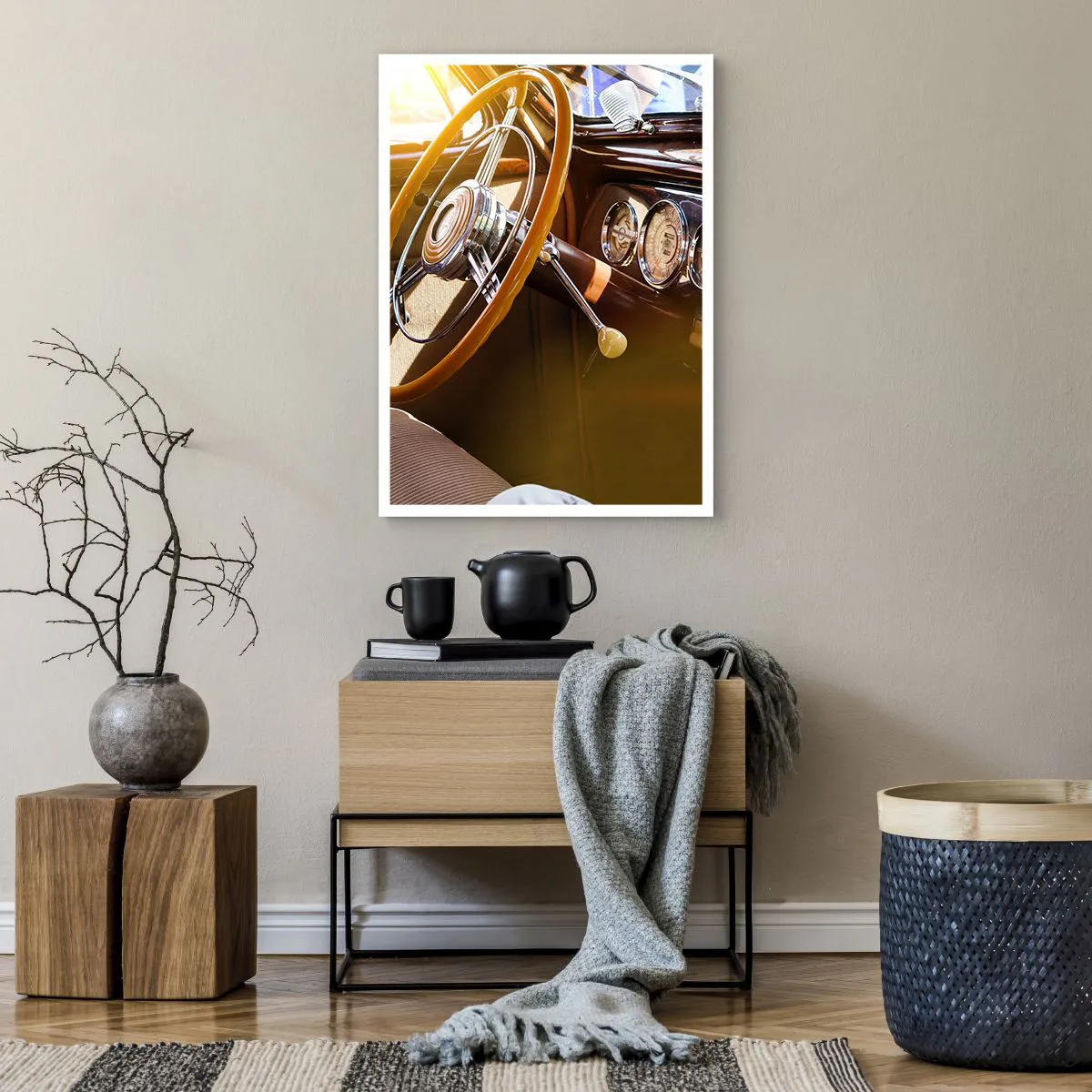 Póster - Interior de un coche clásico con volante. - 50x70cm - Un soplo de lujo del pasado - Decoración de pared moderna para salón y dormitorio ARTTOR